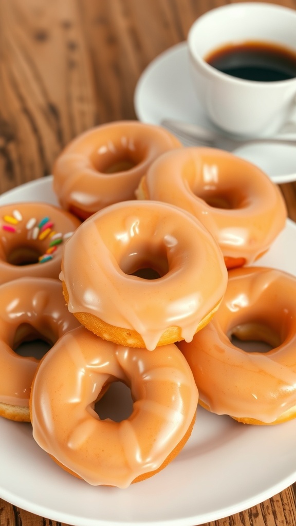 A plate of classic glazed donuts with sprinkles, accompanied by a cup of coffee on a wooden table.